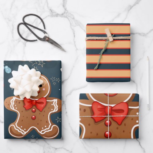 Cute Christmas Blue and Red Gingerbread Pattern Wrapping Paper Sheets