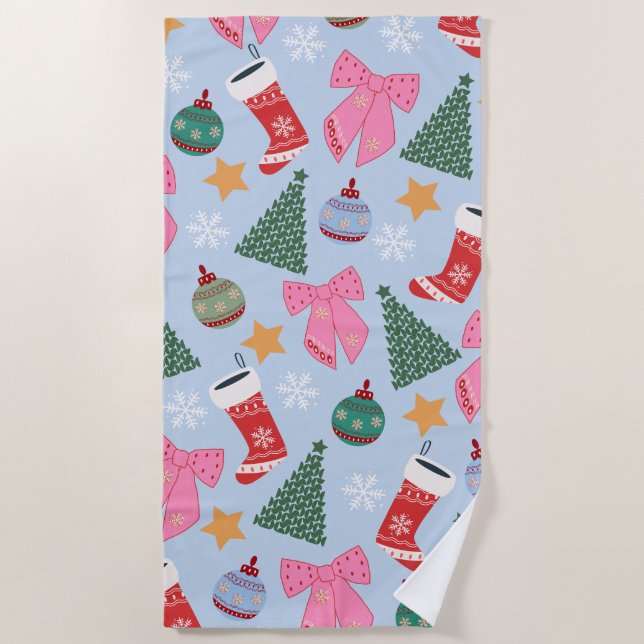 Cute Christmas Blue Beach Towel (Front)