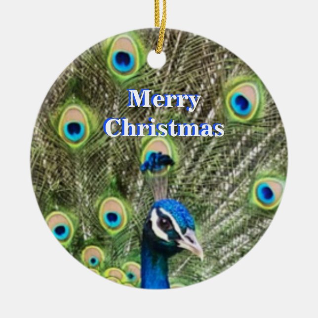 Cute Christmas blue peacock bird & calligraphy Ceramic Ornament (Front)