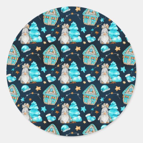 Cute Christmas Blue Scandinavian Gnomes     Classic Round Sticker