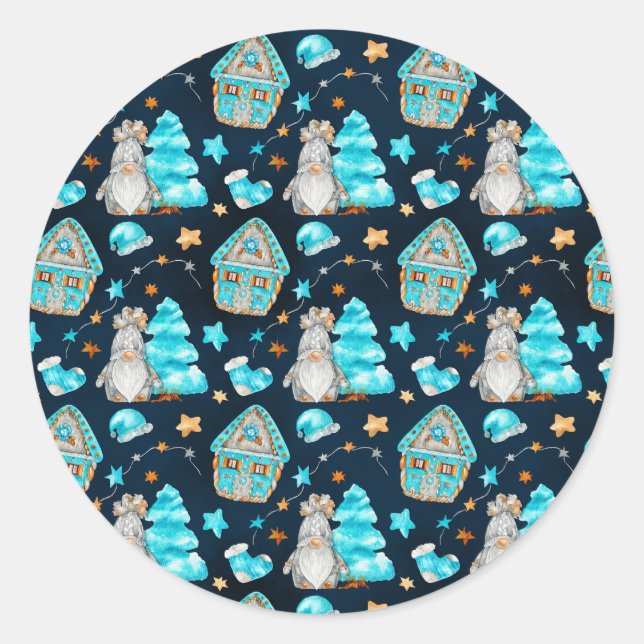 Cute Christmas Blue Scandinavian Gnomes     Classic Round Sticker (Front)