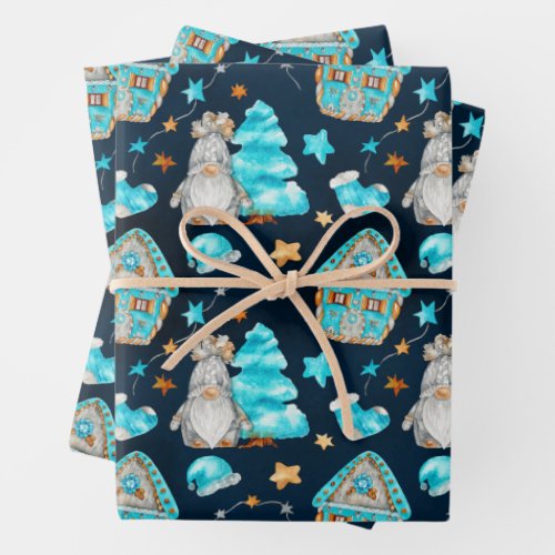 Cute Christmas Blue Scandinavian Gnomes  Wrapping Paper Sheets