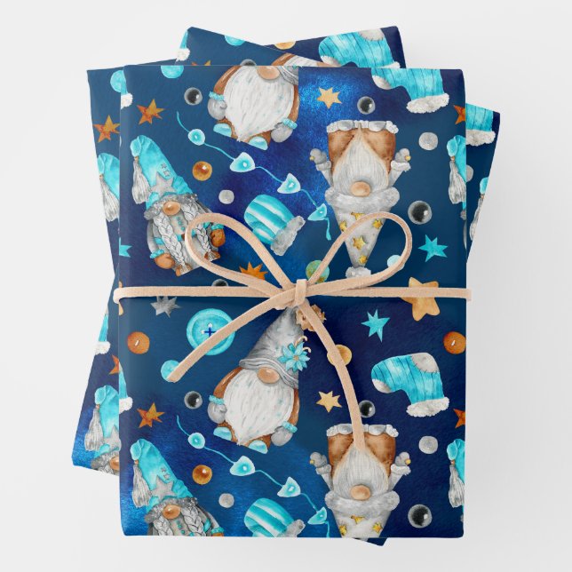 Cute Christmas Blue Scandinavian Gnomes   Wrapping Paper Sheets (In situ)