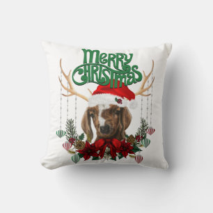 Cute Christmas Boer Goat with Antlers and Wreath Throw Pillow