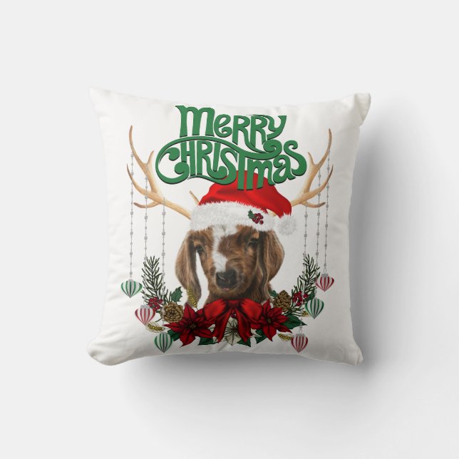 Cute Christmas Boer Goat with Antlers and Wreath Throw Pillow (Front)