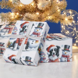 Cute Christmas Border Collie Dog and Snowman 
