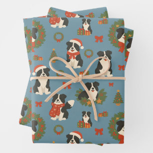 Cute Christmas Border Collie Dogs Holiday Wrapping Paper Sheets