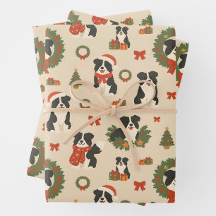 Cute Christmas Border Collie Dogs Holiday Wrapping Paper Sheets