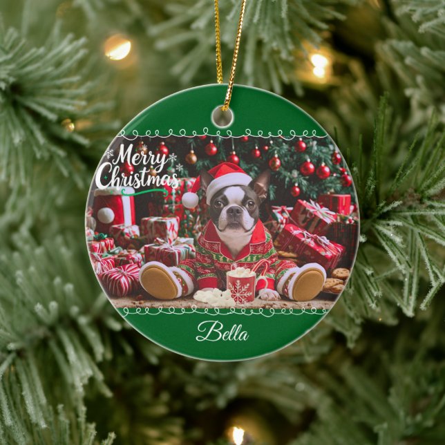 Cute Christmas Boston Terrier Pajamas Personalized Ceramic Ornament (Tree)