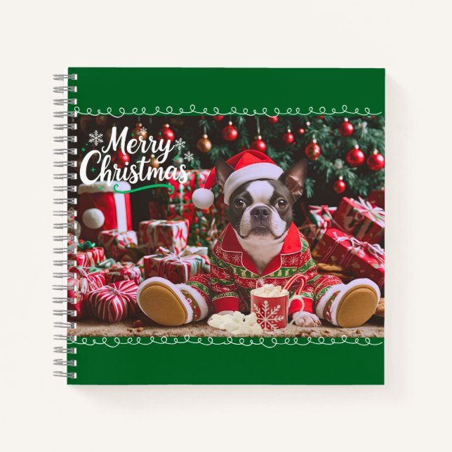 Cute Christmas Boston Terrier Pajamas Personalized Notebook (Front)