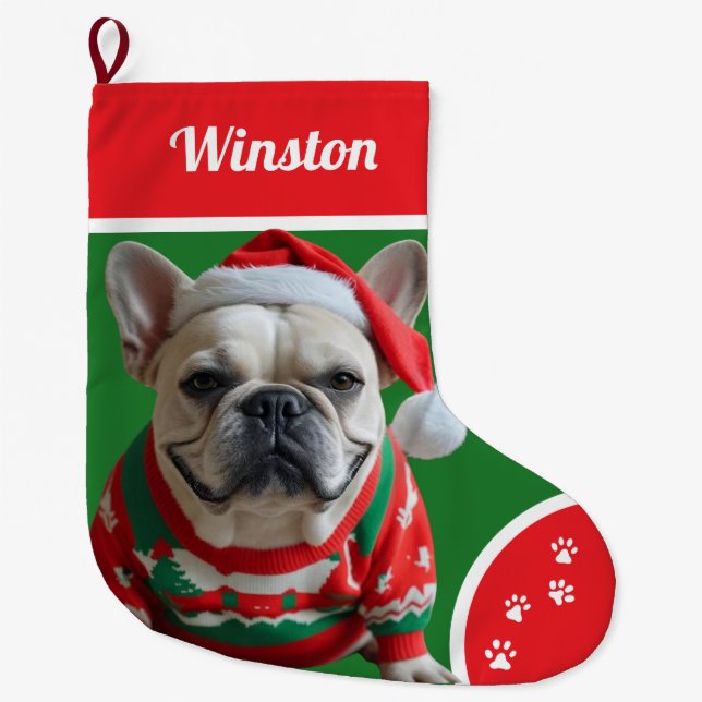 Cute Christmas Bulldog with Sweater Personalized Large Christmas Stocking (Front)
