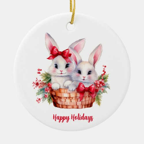 Cute Christmas Bunnies in a Basket Ceramic Ornament