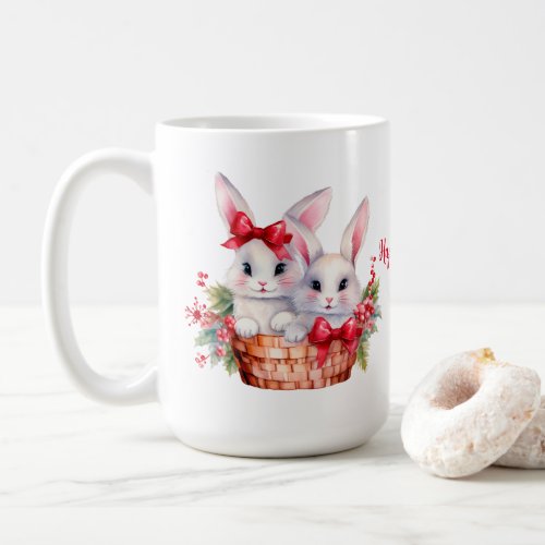 Cute Christmas Bunnies in a Basket Coffee Mug