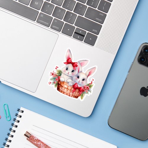 Cute Christmas Bunnies in a Basket Laptop Sticker
