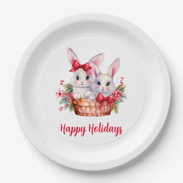 Cute Christmas Bunnies in a Basket Paper Plates (Front)