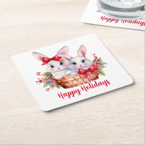 Cute Christmas Bunnies in a Basket Square Paper Coaster