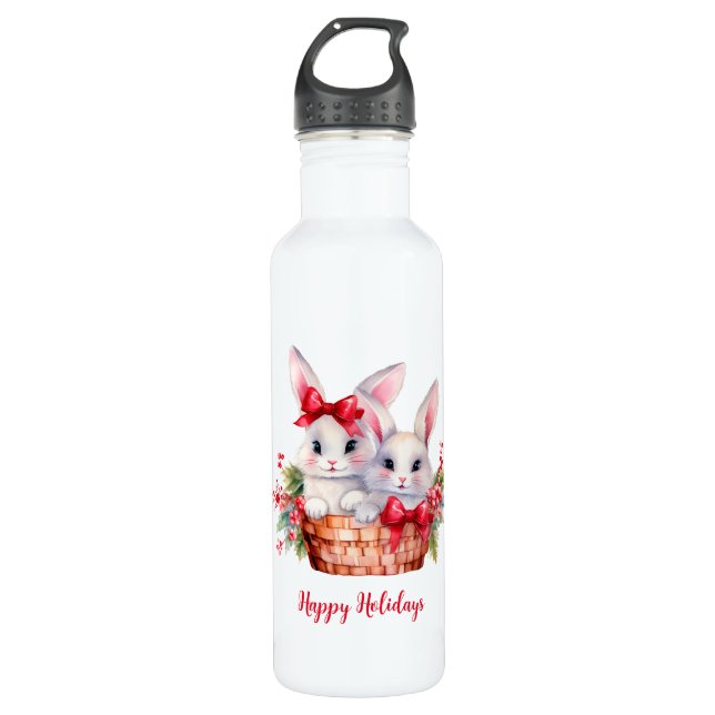 Cute Christmas Bunnies in a Basket Stainless Steel Water Bottle (Front)