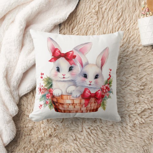 Cute Christmas Bunnies in a Basket Throw Pillow