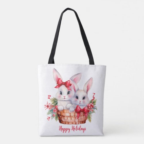 Cute Christmas Bunnies in a Basket Tote Bag