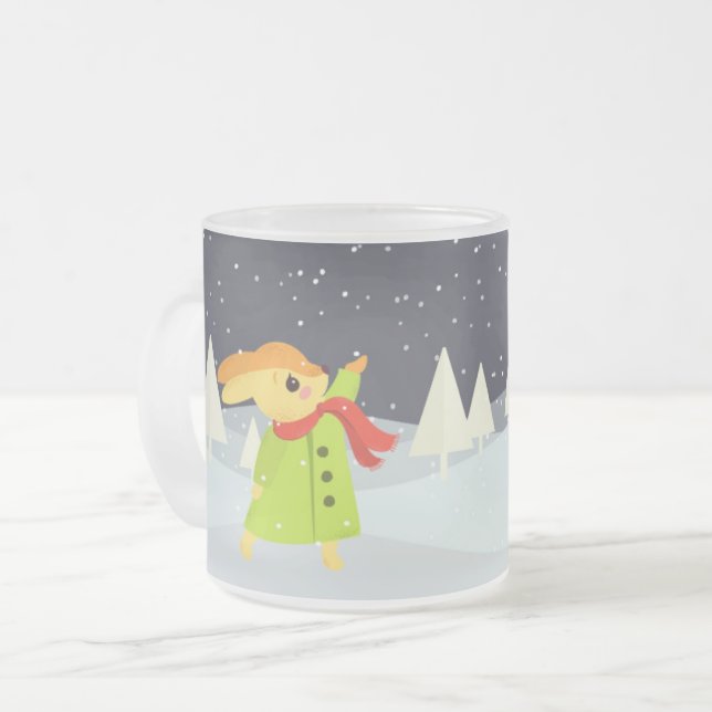 Cute Christmas Bunny and Deer Cute Frosted Glass Coffee Mug (Front Left)