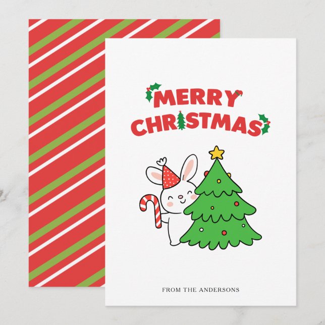 Cute Christmas Bunny Rabbit Cartoon Holiday Card (Front/Back)