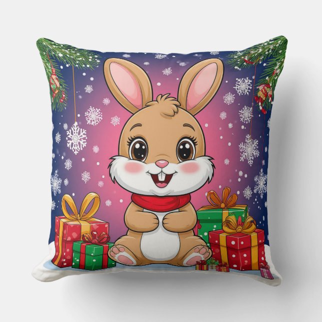 Cute Christmas Bunny Throw Pillow (Front)