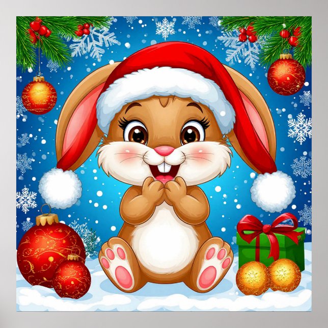 Cute Christmas Bunny Wearing Santa Hat Poster (Front)