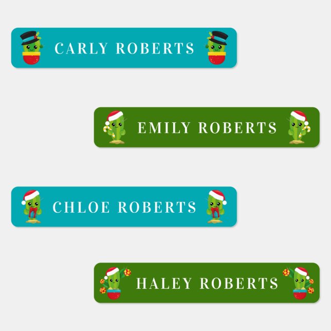 Cute Christmas Cactus Kids Name Waterproof Labels (Group)
