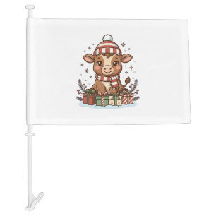 Cute Christmas Calf With Gifts Vintage Vector_1 Car Flag