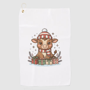 Cute Christmas Calf With Gifts Vintage Vector_1 Golf Towel