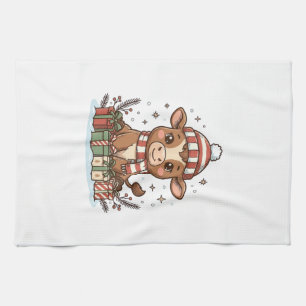 Cute Christmas Calf With Gifts Vintage Vector_1 Kitchen Towel