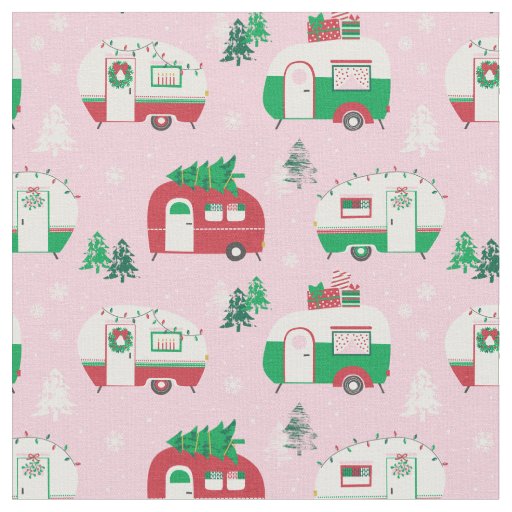 Cute Christmas Campers on light pink Fabric