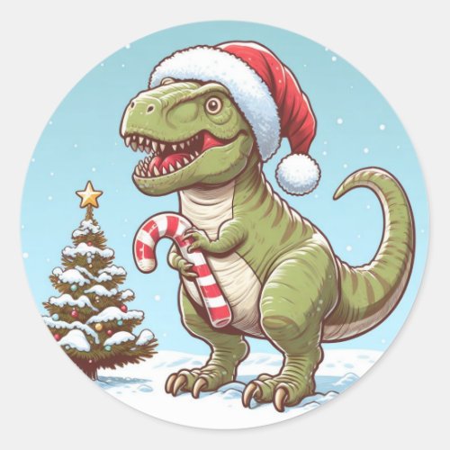 Cute Christmas candy cane dinosaur Classic Round Sticker
