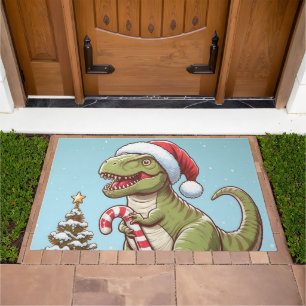 Cute Christmas candy cane dinosaur Doormat