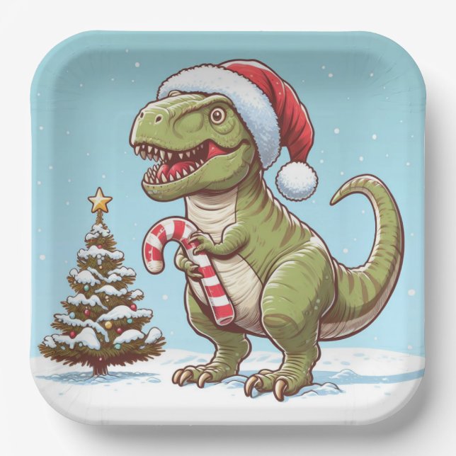 Cute Christmas candy cane dinosaur Paper Plates (Front)