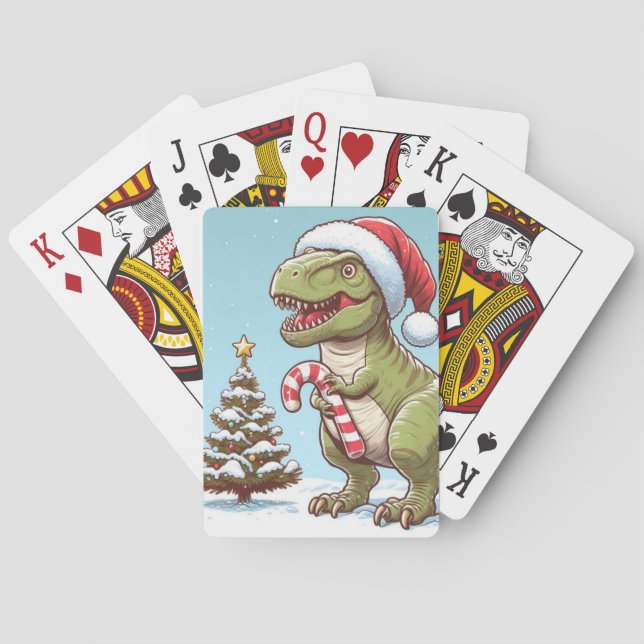 Cute Christmas candy cane dinosaur Poker Cards (Back)
