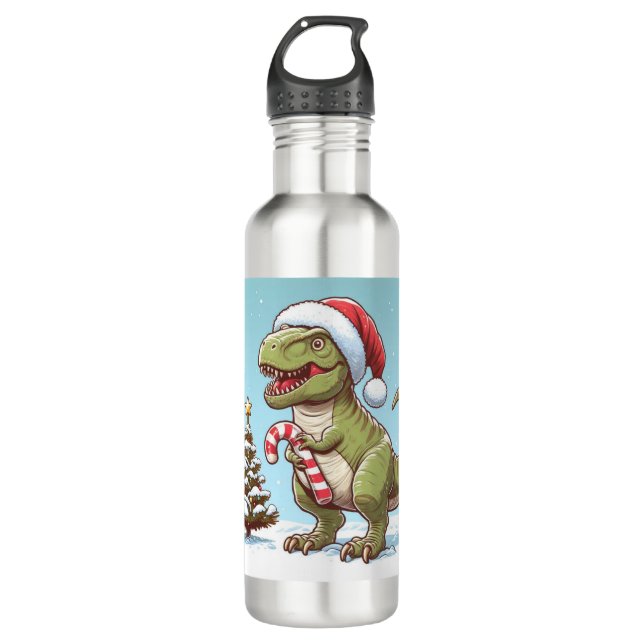 Cute Christmas candy cane dinosaur Stainless Steel Water Bottle (Front)