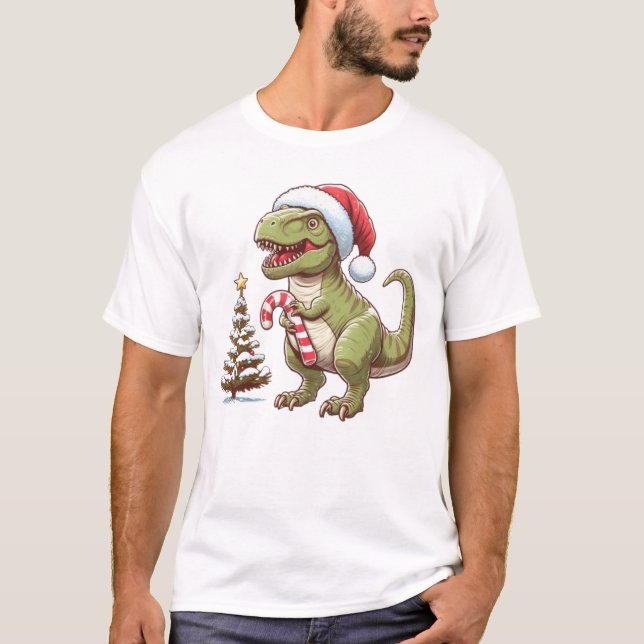 Cute Christmas candy cane dinosaur T-Shirt (Front)