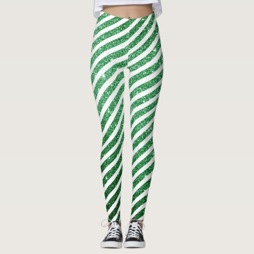 Cute Christmas Candy Cane Glitter Green Stripped Leggings