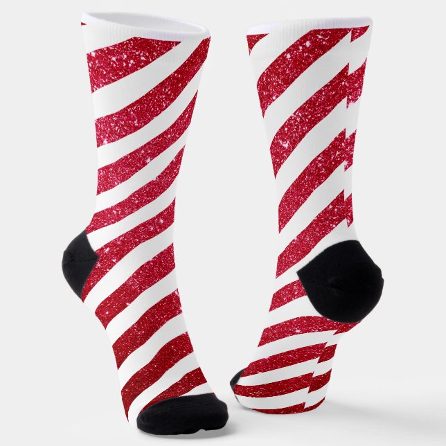 Cute Christmas Candy Cane Glitter Stripped Pattern Socks (Angled)