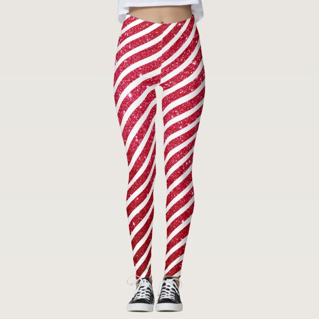 Cute Christmas Candy Cane Holiday Stripped Pattern Leggings (Front)