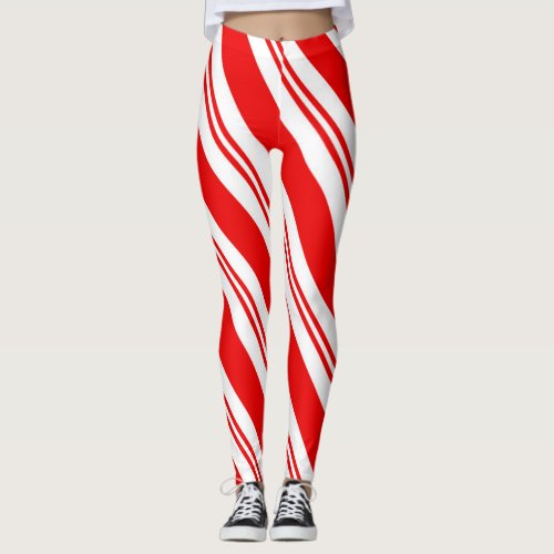 Cute Christmas Candy Cane Red Stripped Pattern Leggings