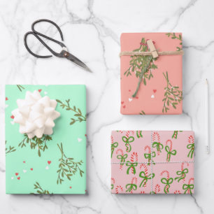 Cute Christmas Candy Canes Mistletoe Xmas Variety Wrapping Paper Sheets