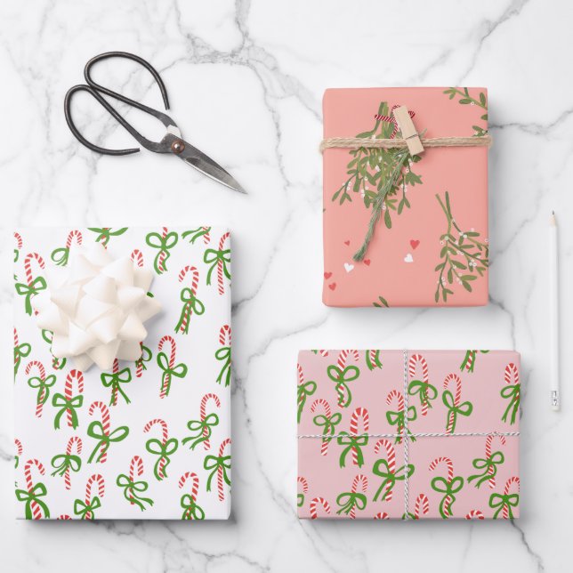 Cute Christmas Candy Canes Mistletoe Xmas Variety Wrapping Paper Sheets (Front)
