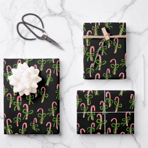 Cute Christmas Candy Canes Xmas Holiday Black  Wrapping Paper Sheets