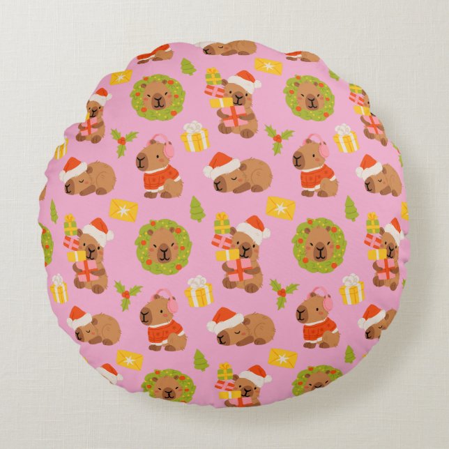 Cute Christmas Capybara Round Pillow (Front)
