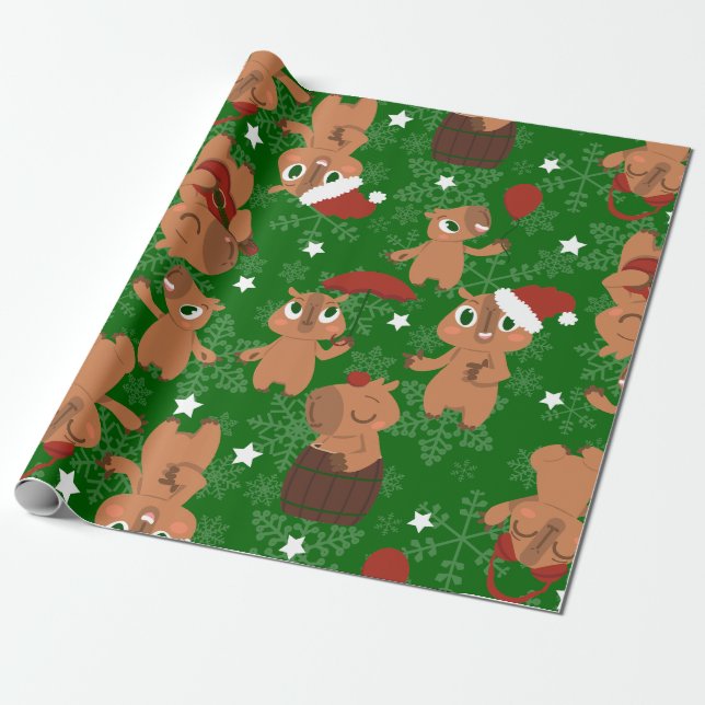 cute christmas capybara santa snowflakes wrapping paper (Unrolled)