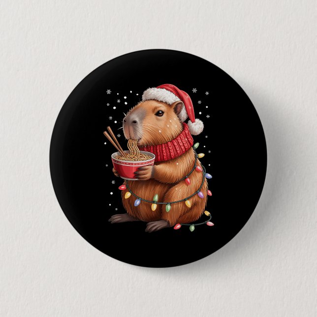 Cute Christmas Capybara With Ramen Bowl Holiday Te Button (Front)