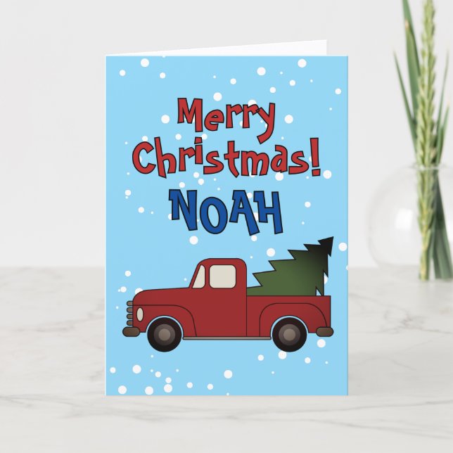 Cute Christmas card for kids. Red truck with tree (Front)