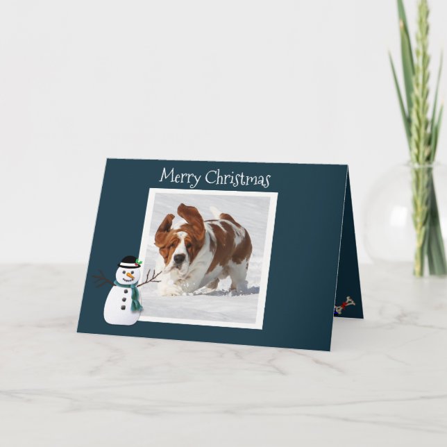 Cute Christmas Card w/Basset, Presents & House (Front)